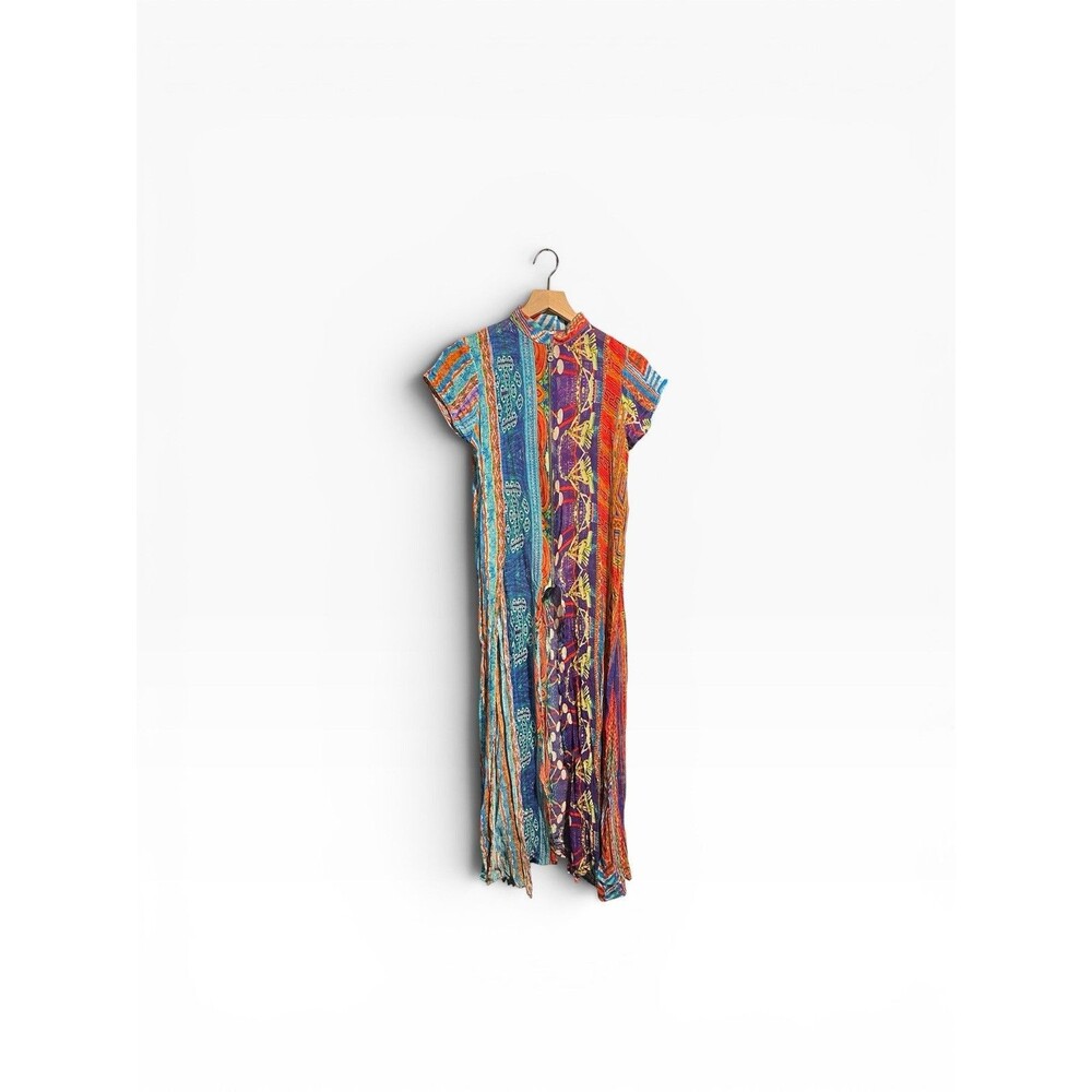 Vintage Artisan Mixed Print Zip Front Midi Dress Boho Festival Handkerchief S/M